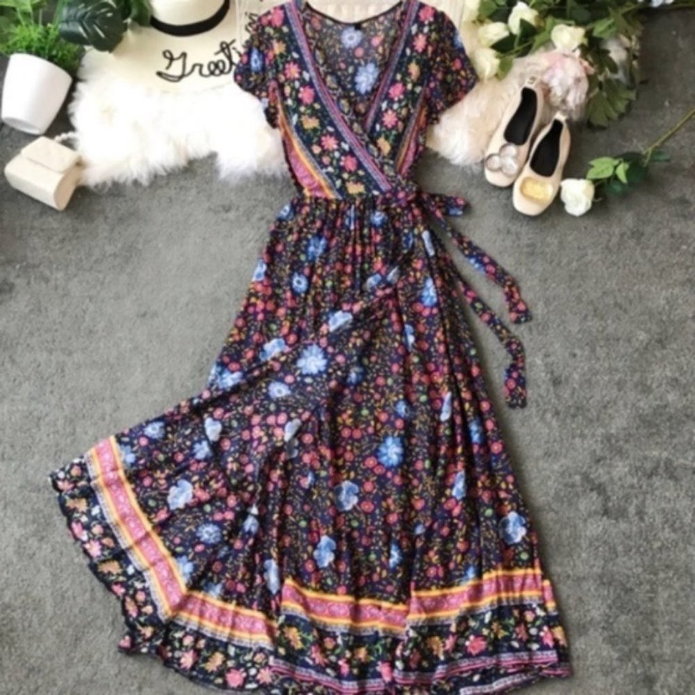 Boho Gypsy Navy Floral Print wrap midi Dress - Picture 4 of 7